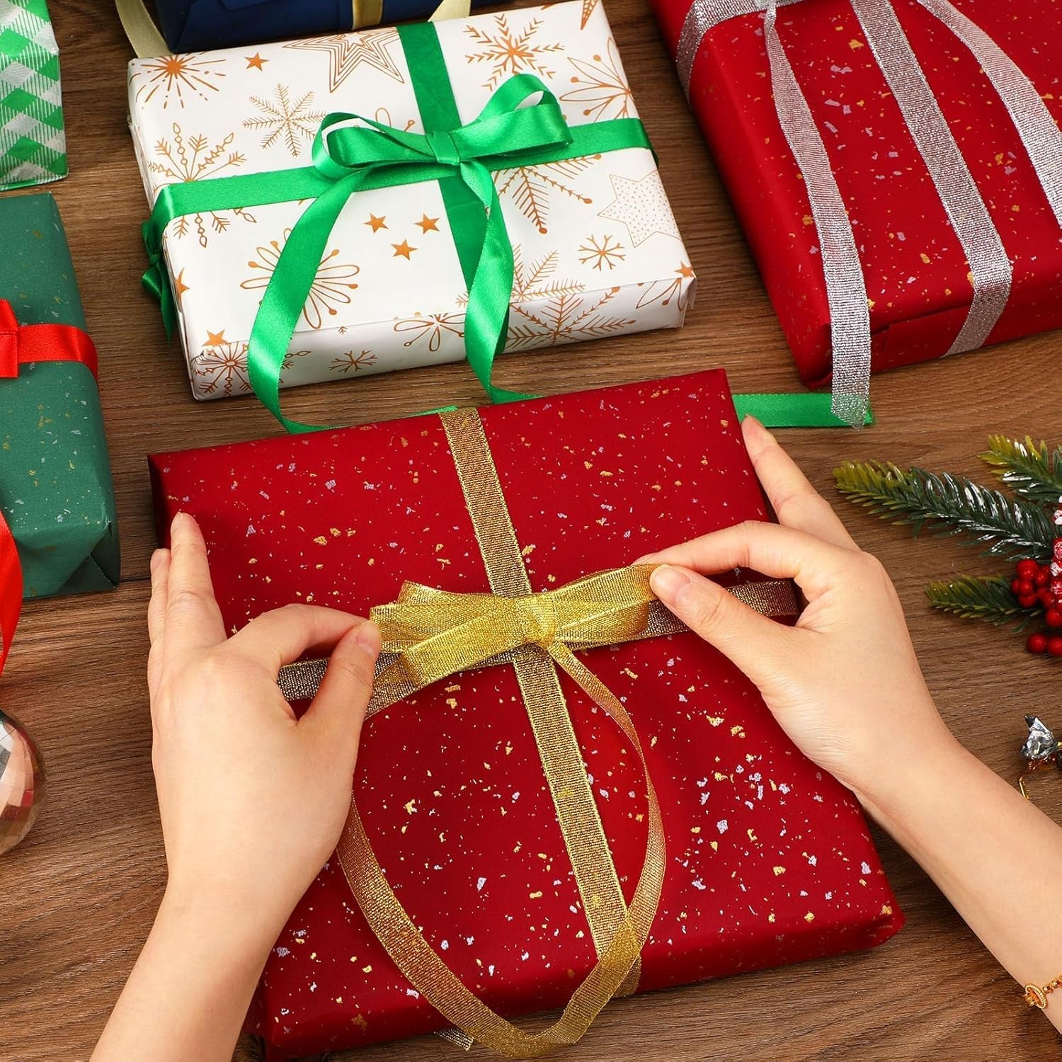 4 Rolls 100 Yards Christmas Ribbons Metallic Glitter Fabric Holiday Festival Satin Ribbons 10Mm Wide for Gift Wrapping Decoration