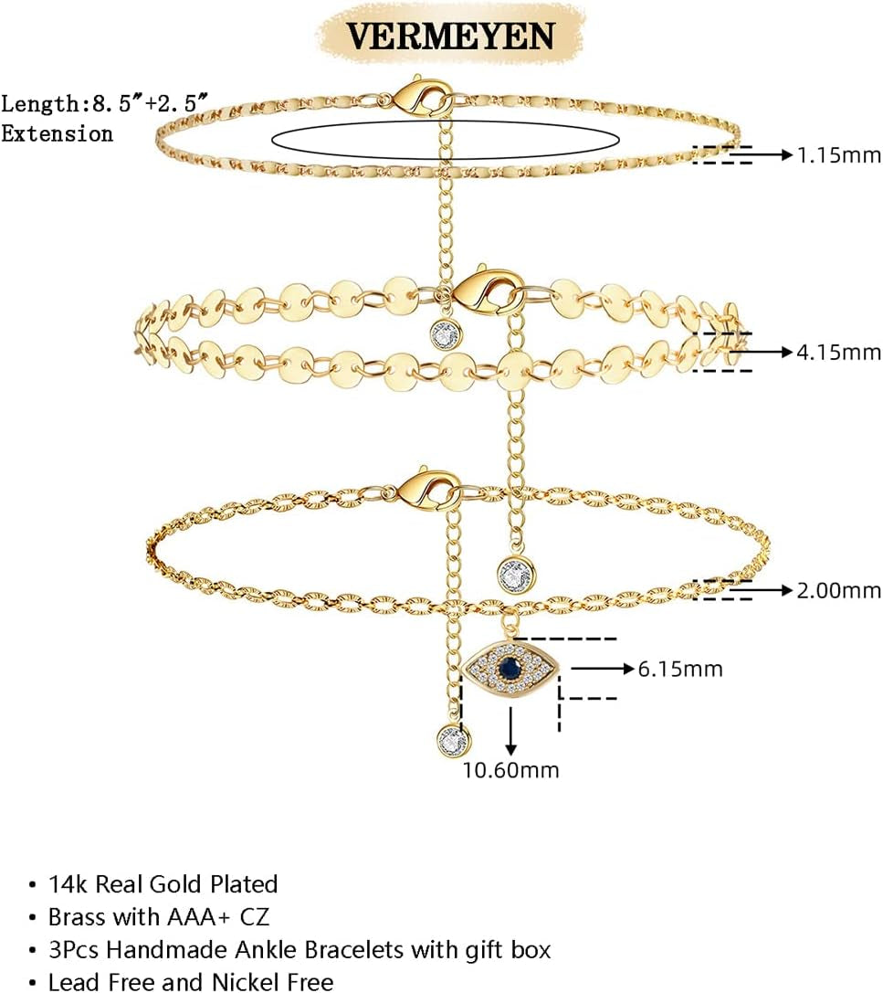 Evil Eye Gold Ankle Bracelets for Women 14K Gold Plated Anklet Silver round Coin Disc Chain Anklets Cubic Zirconia Evil Eye Anklet Dainty Layered Anklet Set 3Pcs