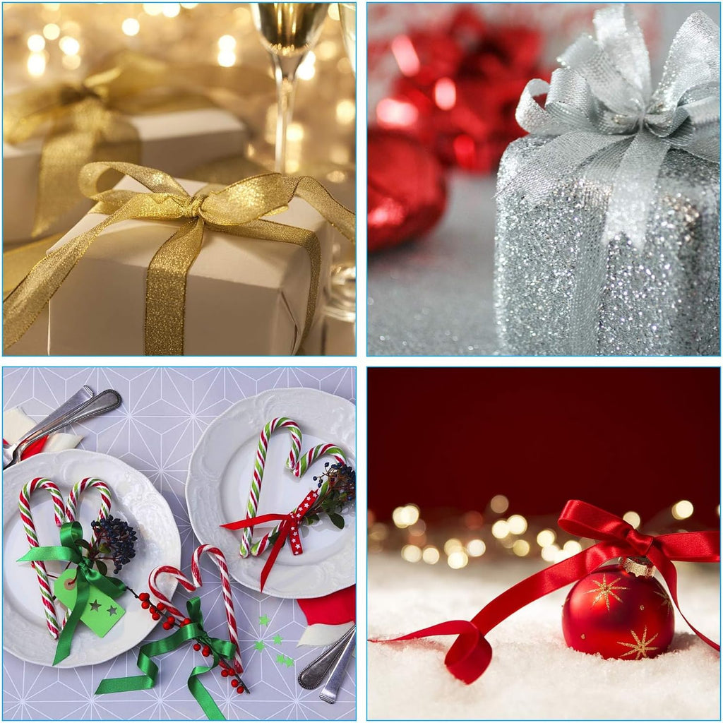 4 Rolls 100 Yards Christmas Ribbons Metallic Glitter Fabric Holiday Festival Satin Ribbons 10Mm Wide for Gift Wrapping Decoration