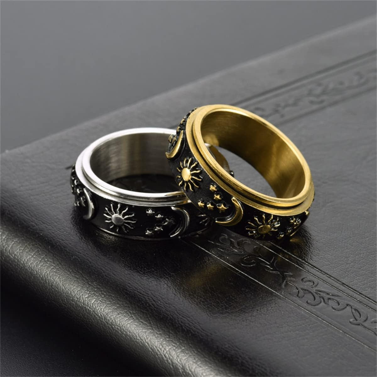 Stainless Steel Spinner Ring for Women Men Anxiety Rings for Relieving Stress Anxiety Ring Sun Moon Stars Promise Engagement Ring Silver&Black 10