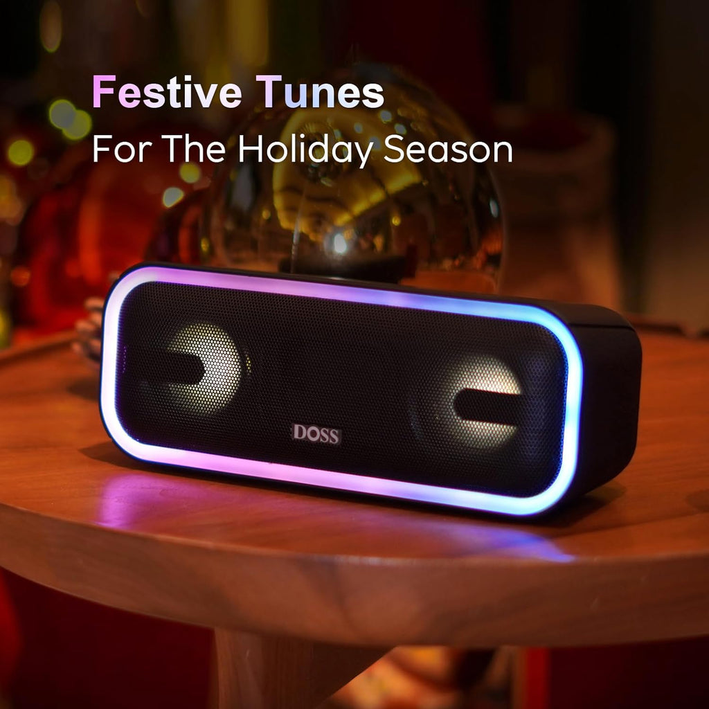 Soundbox Pro+ Bluetooth Speaker, Immersive 24W Stereo Sound with Booming Bass, IPX6 Waterproof, 15H Playtime, Mixed Colors Lights, Wireless for Backyard, Hiking, Garage, Party-Black