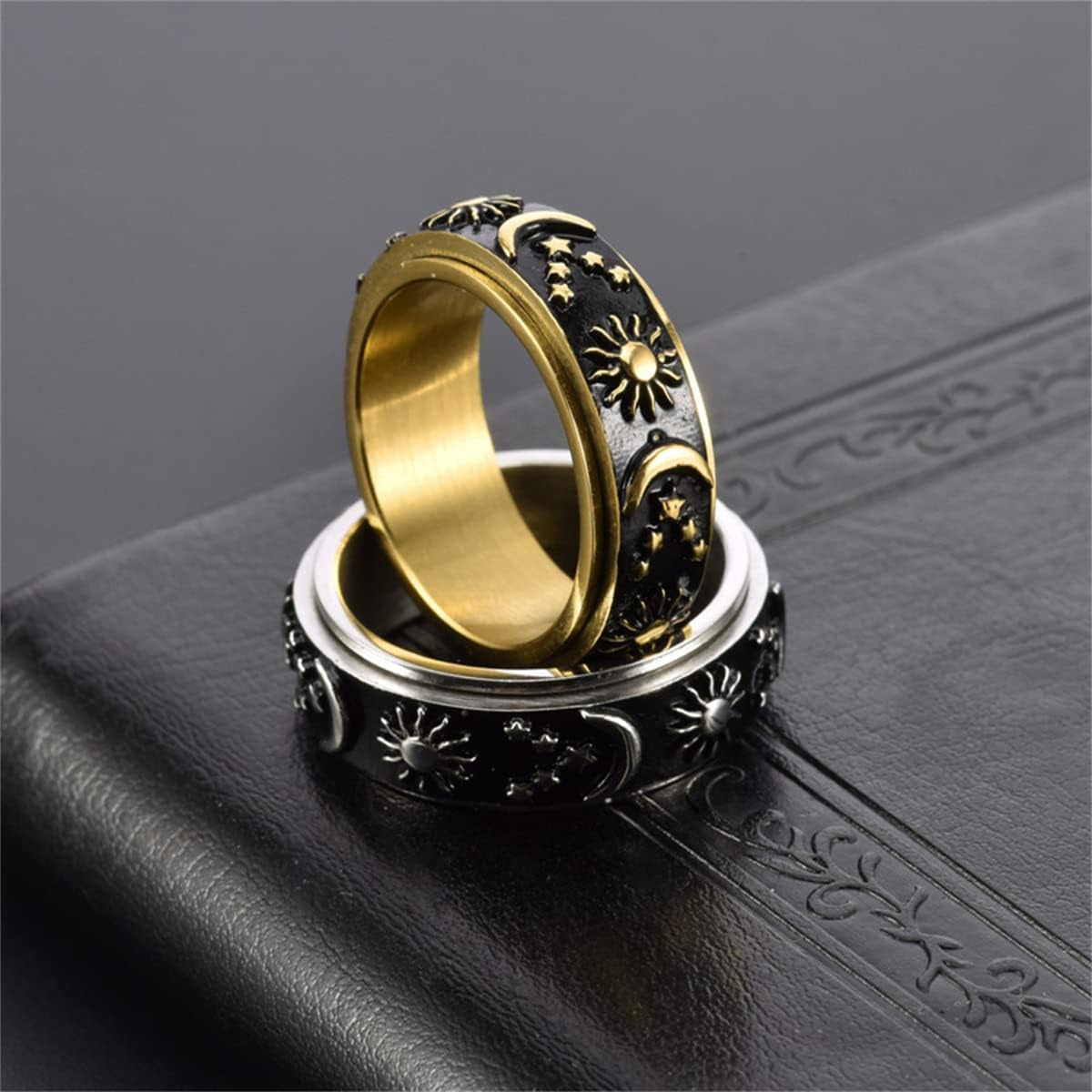 Stainless Steel Spinner Ring for Women Men Anxiety Rings for Relieving Stress Anxiety Ring Sun Moon Stars Promise Engagement Ring Silver&Black 10